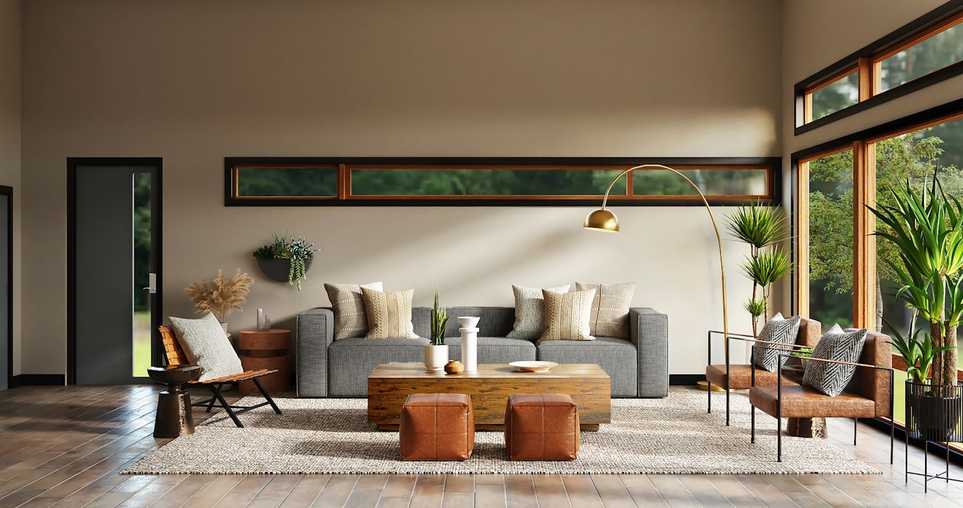 Salón luminoso con sofás neutros y carpintería en madera clara